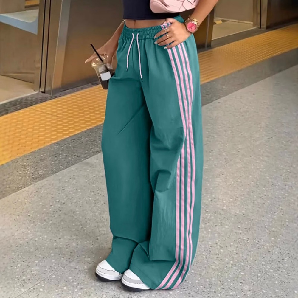 Track Pants XL Green Pink Wide Leg Side Stripe Athleisure Blockette Gorpcore